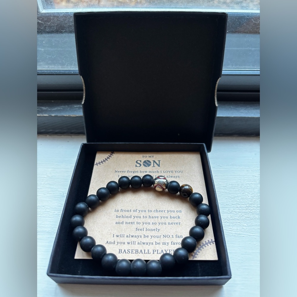 Baseball Player Son Gift Bracelet, black beaded.